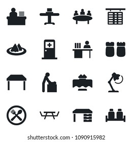 Set of vector isolated black icon - baby room vector, flight table, medical, desk, meeting, picnic, manager, lamp, restaurant, serviette, cafe, salt and pepper