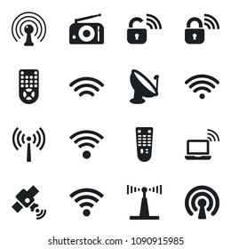 Set of vector isolated black icon - antenna vector, wireless notebook, satellite, radio, remote control, lock