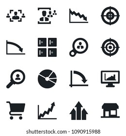 Set of vector isolated black icon - checkroom vector, crisis graph, monitor statistics, pie, hr, target, consumer search, arrow up, growth, cart, storefront