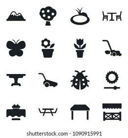 Set of vector isolated black icon - cafe vector, flower in pot, lawn mower, butterfly, lady bug, pond, picnic table, brightness, fruit tree, mountains, restaurant, alcove