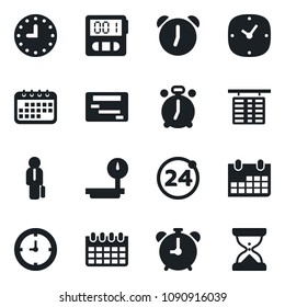 Set of vector isolated black icon - 24 around vector, alarm clock, flight table, calendar, heavy scales, stopwatch, manager, schedule, sand