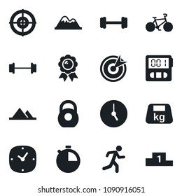 Set of vector isolated black icon - medal vector, barbell, bike, run, heavy, clock, stopwatch, target, mountains, pedestal