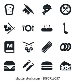 Set of vector isolated black icon - spoon and fork vector, cafe, menu, plates, bacon, waiter, bread, kebab, hamburger, ladle, rolling pin, sushi, cheese