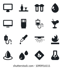Set of vector isolated black icon - water drop vector, dropper, flammable, monitor, alcohol, drink, cocktail, filter, sprinkler, flask
