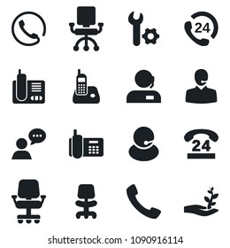 Set of vector isolated black icon - office chair vector, phone, 24 hours, support, speaker, radio, call, root setup, palm sproute