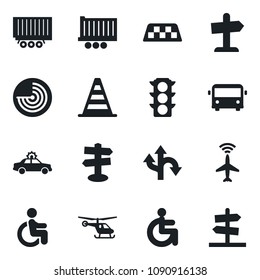 Set of vector isolated black icon - plane radar vector, taxi, airport bus, alarm car, border cone, helicopter, disabled, route, signpost, traffic light, truck trailer, guidepost