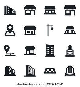 Set of vector isolated black icon - taxi vector, shop, office building, garden light, navigation, store, city house, cafe, storefront