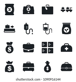 Set of vector isolated black icon - suitcase vector, baggage conveyor, larry, checkroom, money bag, fertilizer, doctor case, dropper
