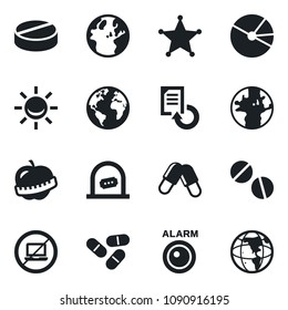 Set of vector isolated black icon - no laptop vector, ticket office, document reload, pills, diet, earth, pie graph, police, alarm led