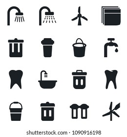 Set of vector isolated black icon - trash bin vector, shower, bucket, tooth, blank box, water supply, bathroom, filter, windmill