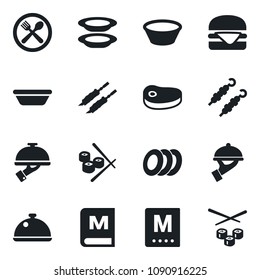 Set of vector isolated black icon - dish vector, cafe, menu, plates, waiter, steak, kebab, hamburger, bowl, sushi