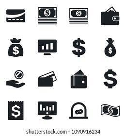 Set of vector isolated black icon - ticket office vector, dollar sign, money bag, statistic monitor, cash, receipt, credit card, wallet, investment