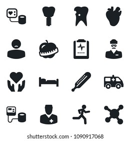 Set of vector isolated black icon - bed vector, blood pressure, thermometer, ambulance car, run, heart hand, real, caries, implant, pulse clipboard, diet, doctor, patient, molecule