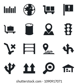 Set of vector isolated black icon - baggage trolley vector, route, navigation, earth, pin, important flag, traffic light, cargo, up side sign, no, oil barrel, search, barcode, rack, warehouse