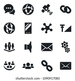 Set of vector isolated black icon - mail vector, satellite, speaker, network, dialog, share, chain, mobile, cellular signal, company, gear, group