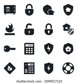 Set of vector isolated black icon - safe vector, lock, flammable, protect, key, estate insurance, home, combination, crisis management