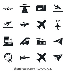 Set of vector isolated black icon - plane vector, runway, radar, departure, arrival, ticket, ladder car, boarding, globe, airport building, paper