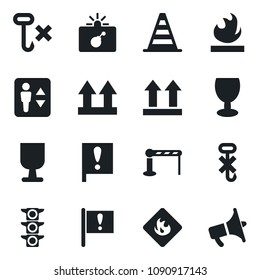Set of vector isolated black icon - barrier vector, elevator, bomb in case, border cone, important flag, traffic light, fragile, up side sign, no hook, flammable, loudspeaker