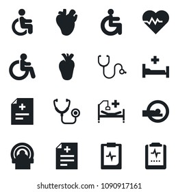 Set of vector isolated black icon - disabled vector, heart pulse, diagnosis, stethoscope, tomography, hospital bed, real, clipboard