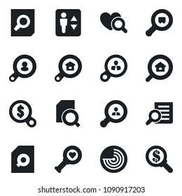 Set of vector isolated black icon - elevator vector, radar, document search, heart diagnostic, cargo, estate, client, consumer, money