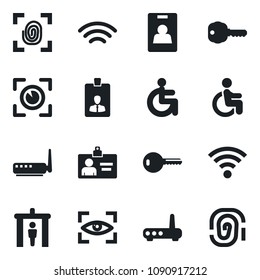 Set of vector isolated black icon - security gate vector, identity card, disabled, wireless, key, fingerprint, router, eye scan