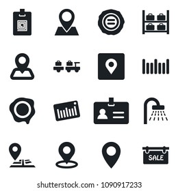Set of vector isolated black icon - identity vector, shower, baggage larry, luggage storage, stamp, navigation, pin, barcode, place tag, card, sale