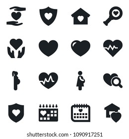 Set of vector isolated black icon - heart vector, pulse, diagnostic, shield, hand, medical calendar, pregnancy, sweet home