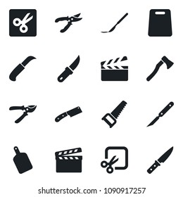 Set of vector isolated black icon - pruner vector, saw, garden knife, axe, scalpel, clapboard, cut, cutting board