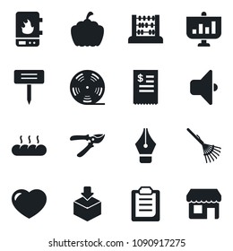 Set of vector isolated black icon - abacus vector, rake, pruner, plant label, pumpkin, package, reel, heart, clipboard, ink pen, bread, restaurant receipt, water heater, sound, presentation