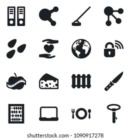 Set of vector isolated black icon - office binder vector, abacus, hoe, seeds, heart hand, diet, earth, share, notebook pc, cafe, knife, cheese, wireless lock, radiator, social media, tie