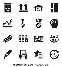Set of vector isolated black icon - medal vector, document, seeds, dropper, tomography, up side sign, favorites list, company, point graph, paper binder, tie, warehouse, fridge, bacon, clock