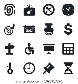 Set Of Vector Isolated Black Icon - Spoon And Fork Vector, Bomb In Case, Dollar Sign, Presentation Board, Disabled, Calculator, Clock, Music, Drawing Pin, Stamp, Sold Signboard, Thermometer, Sand