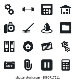 Set of vector isolated black icon - office binder vector, rake, water drop, barbell, warehouse, barcode, camera, pause button, calculator, folder, paper clip, sale, estate insurance, gear