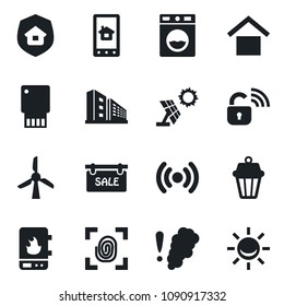 Set of vector isolated black icon - warehouse storage vector, sale, office building, estate insurance, fingerprint, wireless lock, water heater, home control app, washer, smoke detector, sun panel