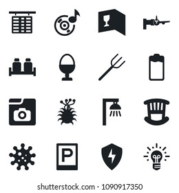 Set of vector isolated black icon - parking vector, boarding, flight table, farm fork, virus, battery, protect, music, photo gallery, children room, wine card, egg stand, salt and pepper, idea