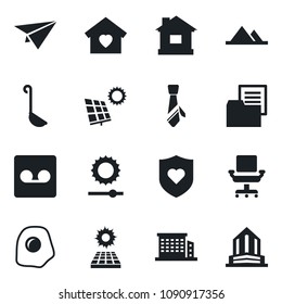 Set of vector isolated black icon - house vector, heart shield, folder document, record, brightness, office chair, tie, sun panel, mountains, building, sweet home, ladle, omelette, paper plane