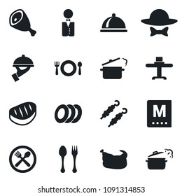 Set of vector isolated black icon - spoon and fork vector, waiter, dish, restaurant table, cafe, menu, plates, dress code, chicken, steak, kebab, ham, steaming pan