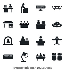 Set of vector isolated black icon - baby room vector, reception, desk, meeting, manager place, picnic table, lamp, restaurant, serviette, reserved, salt and pepper