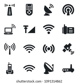 Set of vector isolated black icon - antenna vector, wireless notebook, office phone, satellite, remote control, cellular signal, router