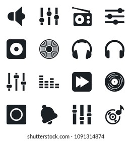 Set of vector isolated black icon - vinyl vector, radio, speaker, settings, equalizer, headphones, fast forward, rec button, tuning, bell, record, music
