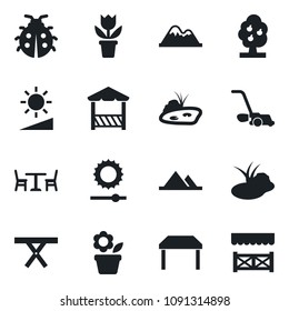 Set of vector isolated black icon - cafe vector, flower in pot, lawn mower, lady bug, pond, picnic table, brightness, fruit tree, mountains, alcove