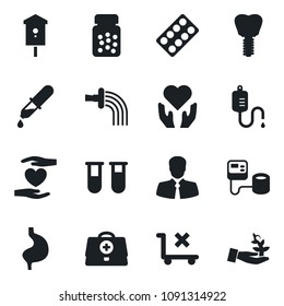 Set of vector isolated black icon - watering vector, bird house, doctor case, blood pressure, test vial, dropper, pills bottle, blister, heart hand, stomach, implant, client, no trolley
