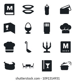 Set of vector isolated black icon - cook hat vector, wine card, menu, drink, plates, egg stand, candle, cafe table, credit, chicken, ladle, steaming pan