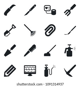 Set of vector isolated black icon - pen vector, pencil, trowel, garden fork, shovel, rake, hoe, knife, sprayer, monitor pulse, blood pressure, scalpel, paper clip, hard work