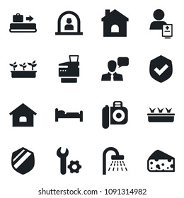 Set of vector isolated black icon - baggage conveyor vector, reception, bed, shower, house, seedling, patient, shield, camera, speaker, root setup, copier, cheese