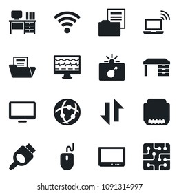 Set of vector isolated black icon - bomb in case vector, wireless notebook, mouse, desk, monitor pulse, tv, hdmi, network, data exchange, document folder, chip