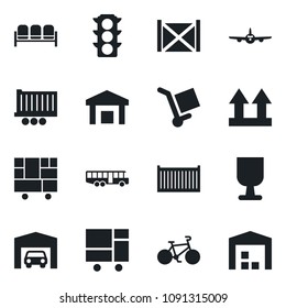 Set of vector isolated black icon - airport bus vector, waiting area, plane, bike, traffic light, truck trailer, cargo container, consolidated, fragile, up side sign, warehouse, garage