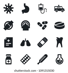 Set of vector isolated black icon - diagnosis vector, dropper, thermometer, pills, bottle, blister, patch, tomography, ambulance car, stomach, lungs, caries, joint, virus, flask
