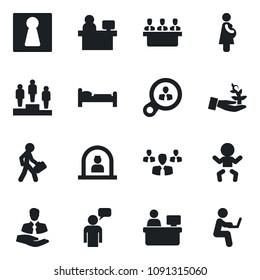 Set of vector isolated black icon - female vector, baby, reception, bed, speaking man, pedestal, manager place, pregnancy, client, meeting, consumer search, group, palm sproute, with notebook