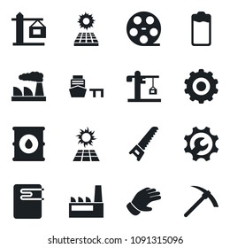 Set of vector isolated black icon - gear vector, factory, glove, saw, sea port, oil barrel, reel, battery, root setup, sun panel, crane, water heater, hard work